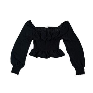 Black smocked babydoll long sleeve blouse